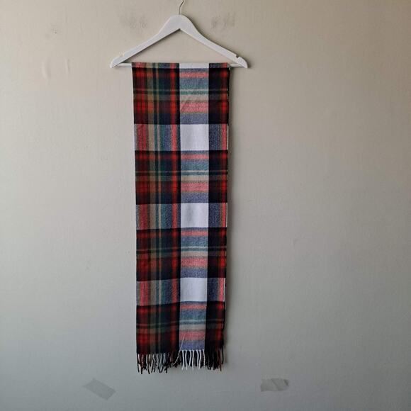 J. Crew Red Green & Beige Plaid Rectangular Scarf with Fringes - Size 25" x 77" - Picture 14 of 16